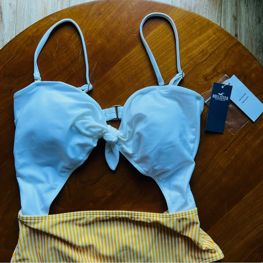 NWT Hollister Yellow and White One Piece High Rise Cut-Out Swimsuit Sz M_5